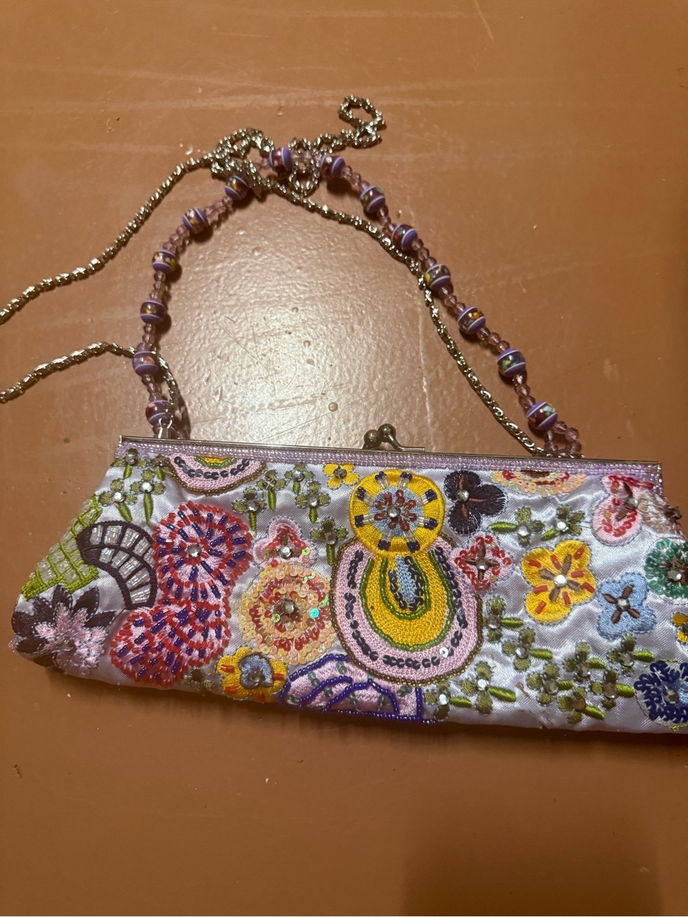 Embroidered Lilac Floral Beaded Shoulder Bag